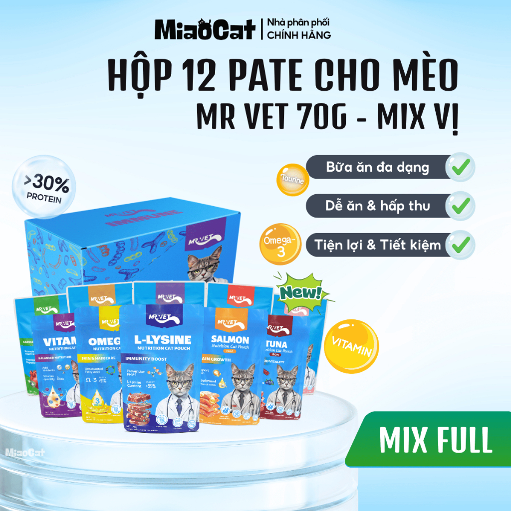 Hộp 12 Gói Pate Cho Mèo MRVET 70g Bổ Sung Omega 3 Vitamin L Lysine Nhiều Hương Vị