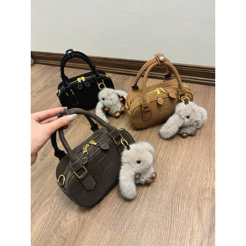 Túi xách dáng trống da lộn TẶNG KÈM GẤU size 20 phong cách Hàn Quốc cầm tay đeo vai đeo chéo siêu xinh
