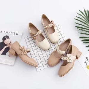 IKUNKA Giày búp bê nữ phối đồ công sở thanh lịch, Mary Jane gót 3cm IKUNKA thiết kế nơ ngọc trai