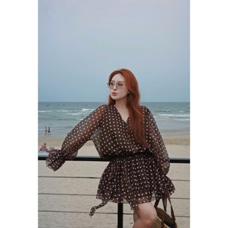 MIMI CLOTHING - Váy nữ châm bi voan  cổ V phối chân váy xòe nhẹ