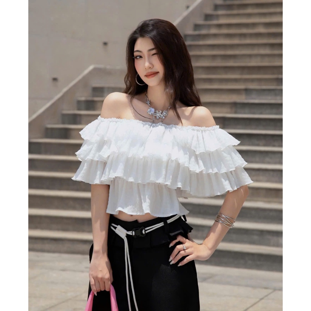 Áo trễ vai bèo tầng xốp nhún 3 tầng chun eo xinh xắn LABEL A142