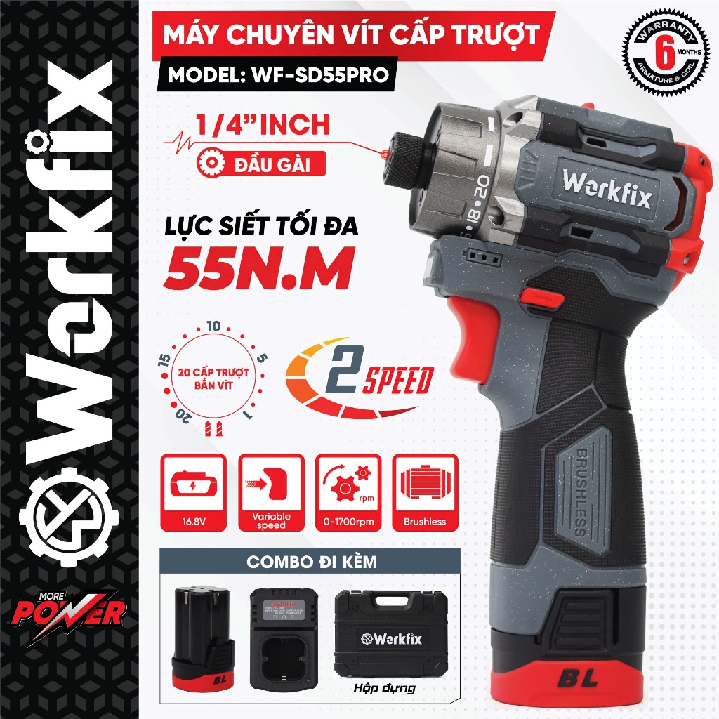 Chuyên Vít Cấp Trượt Workfix WF-SD55PRO 55N.m 16.8V – 20 Cấp Trượt, Ngậm Vít Nhanh, Khoan Tường – Khoan Bê Tông