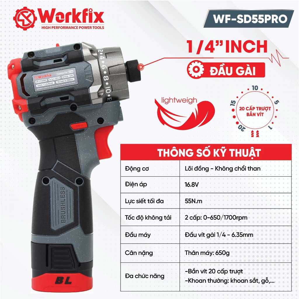 Chuyên Vít Cấp Trượt Workfix WF-SD55PRO 55N.m 16.8V – 20 Cấp Trượt, Ngậm Vít Nhanh, Khoan Tường – Khoan Bê Tông