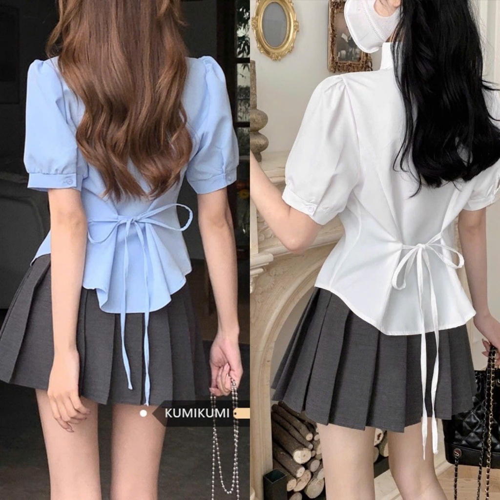 Áo sơ mi trắng cộc tay chiết eo buộc dây nơ tiểu thư phong cách đi học đi làm phong cách Hàn SP134