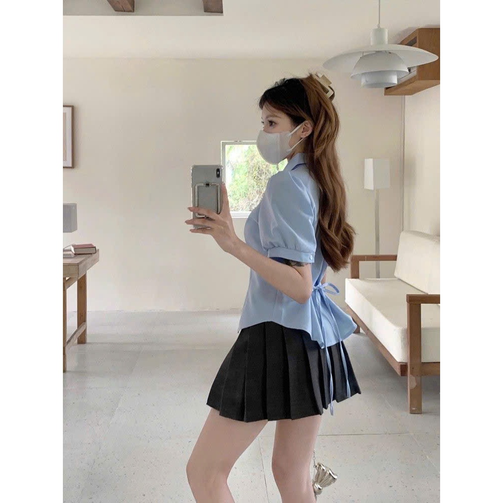 Áo sơ mi trắng cộc tay chiết eo buộc dây nơ tiểu thư phong cách đi học đi làm phong cách Hàn SP134