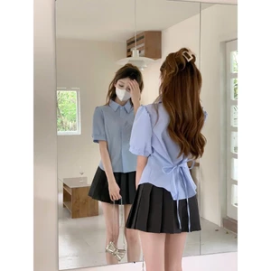Áo sơ mi trắng cộc tay chiết eo buộc dây nơ tiểu thư phong cách đi học đi làm phong cách Hàn SP134