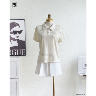 Áo Polo Nữ Twentyfive Họa Tiết Kẻ Ngang Phối Cổ Sen Thanh Lịch, Áo Thun Nữ Form Basic Năng Động 7178