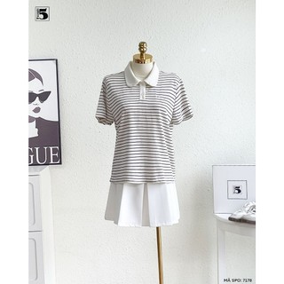 Áo Polo Nữ Twentyfive Họa Tiết Kẻ Ngang Phối Cổ Sen Thanh Lịch, Áo Thun Nữ Form Basic Năng Động 7178
