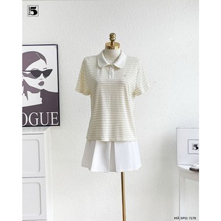 Áo Polo Nữ Twentyfive Họa Tiết Kẻ Ngang Phối Cổ Sen Thanh Lịch, Áo Thun Nữ Form Basic Năng Động 7178