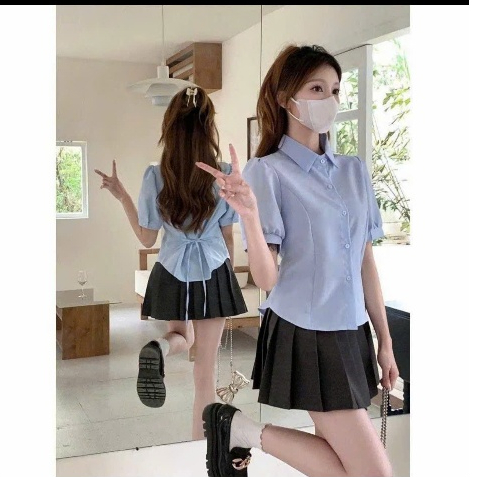 Áo sơ mi trắng nữ tay bồng buộc dây eo điệu đà đi học đi làm công sở thanh lịch SP134