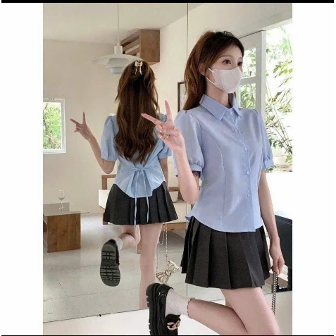 Áo sơ mi trắng cộc tay chiết eo buộc dây nơ tiểu thư phong cách đi học đi làm phong cách Hàn SP134