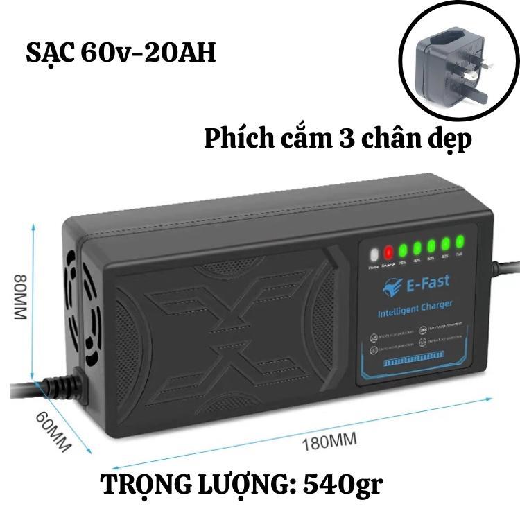 Sạc xe điện E-Fast chống cháy thông minh tự động ngắt khi đầy chống phù bình 48V 12Ah 20Ah 60V