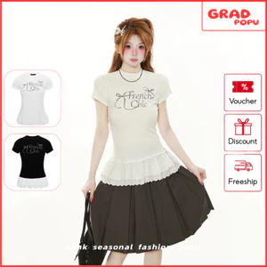 Áo thun nữ GRADPOPU dáng ôm viền bèo chữ đính đá sang chảnh phong cách thanh lịch quyến rũ AN403