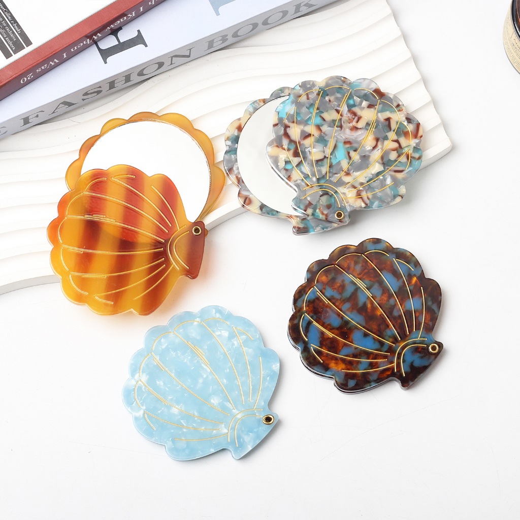 Gương Cầm Tay Mini Hình Vỏ Sò Vintage – Gương Trang Điểm Bỏ Túi Nhựa Acetic Vân Đá Cao Cấp