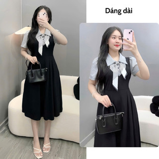 Đầm Thiết Kế Cổ Đức Bigsize Nữ Phối Khăn Lụa May Liền Dáng Váy Xòe Nhẹ Phong Cách Công Sở A690+A691