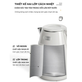 Ấm siêu tốc 1.5L inox 2 lớp BEAR EKT-H156EH, Công suất lớn 1500W, Lòng Inox304, Bảo Hành 18 Tháng