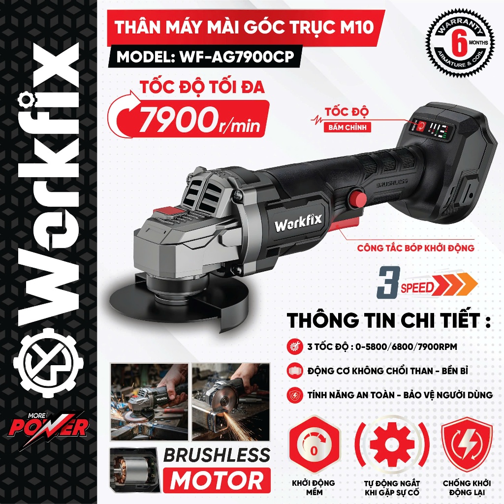 Máy mài góc dùng pin Workfix WF-AG7900CP Đầu trục M10 Không chổi than 3 Tốc độ -  Công tắc bóp