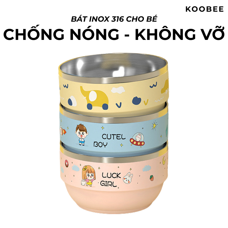 Bát Trẻ Em Inox 316 KOOBEE 450ml | Bát Ăn Dặm Chống Vỡ Nhựa PP Cách Nhiệt An Toàn Cho Bé | 327
