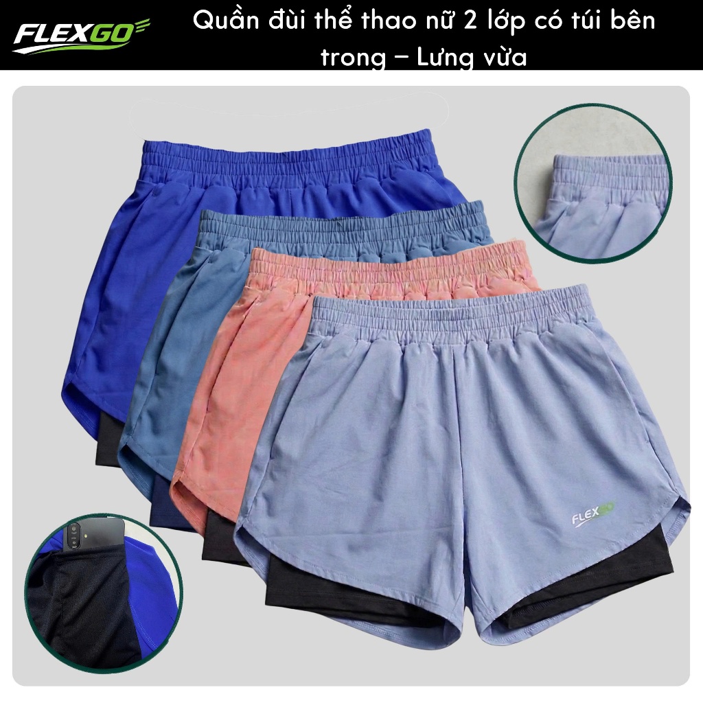 (Hỏa tốc HCM)Quần Đùi Thể Thao Nữ  2 Lớp Có Túi Điện Thoại Lưng Co Giãn Quần Short Gym Yoga Chạy Bộ Nữ Form Đẹp Flexgo