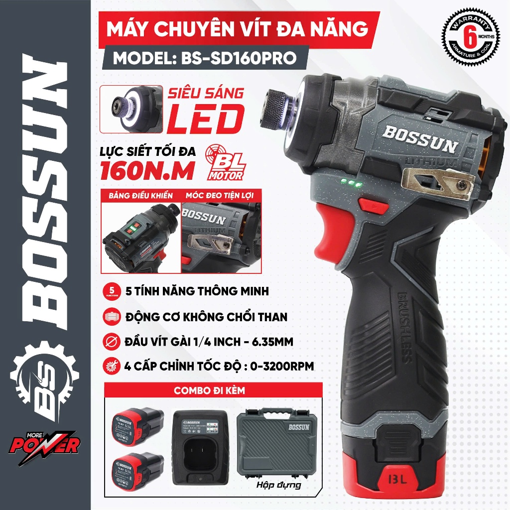 Máy bắn vít chuyên dụng 160N( ĐẦU GÀI 1/4) - BOSSUN BS-SD160PRO Không chổi than  4 Cấp độ 5 chế độ thông minh, LED 360