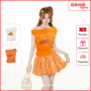 Áo thun nữ GRADPOPU trễ vai đính đá hoa lấp lánh dáng croptop ôm eo siêu tôn dáng AN407
