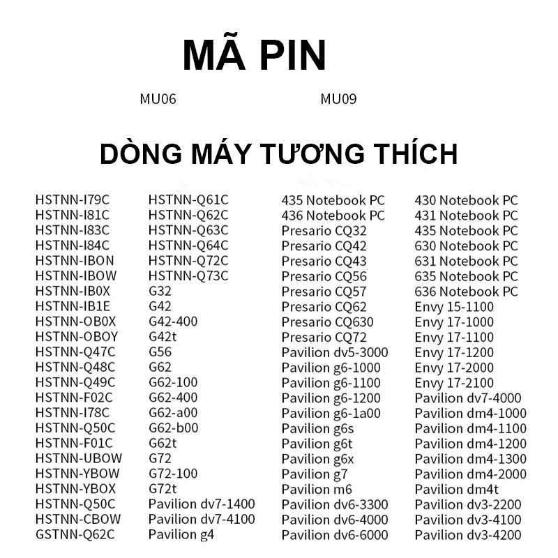Pin HP Pavilion G4 G6 CQ43 CQ32 G32 hp431 630 G56 DV6 CQ42 MU06 (BH 12 THÁNG)