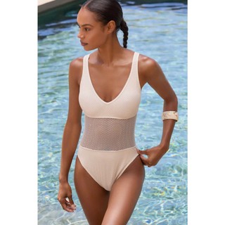 Bộ bơi 1 mảnh, bikini liền thân nữ màu kem phối lưới cao cấp, sẵn đệm ngực hàng VNXK