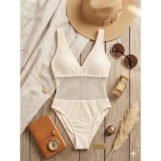 Bộ bơi 1 mảnh, bikini liền thân nữ màu kem phối lưới cao cấp, sẵn đệm ngực hàng VNXK