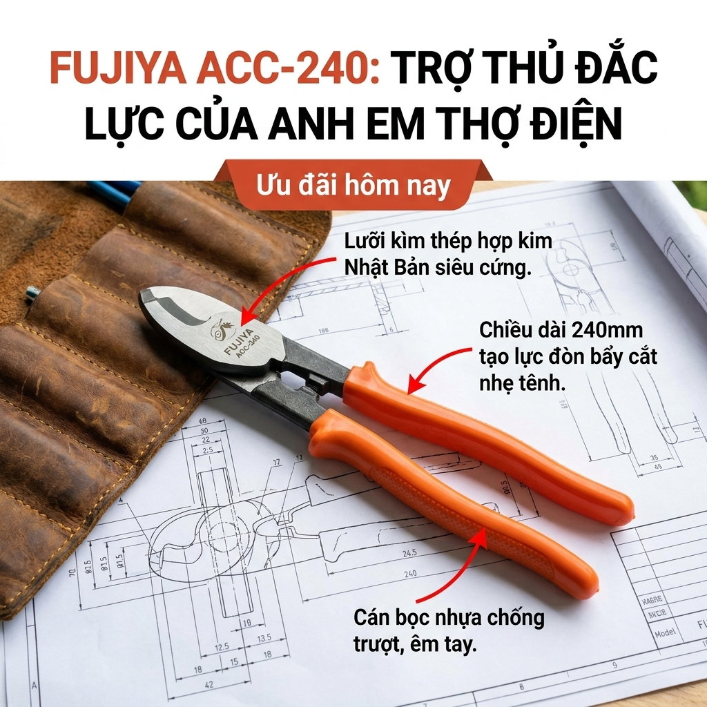 Kìm Cắt Cáp Fujiya ACC-240 Nhật Bản Chuẩn Xịn - Kìm Cắt Dây Điện Lõi Lớn Trợ Lực Tốt, Mũi Bán Nguyệt