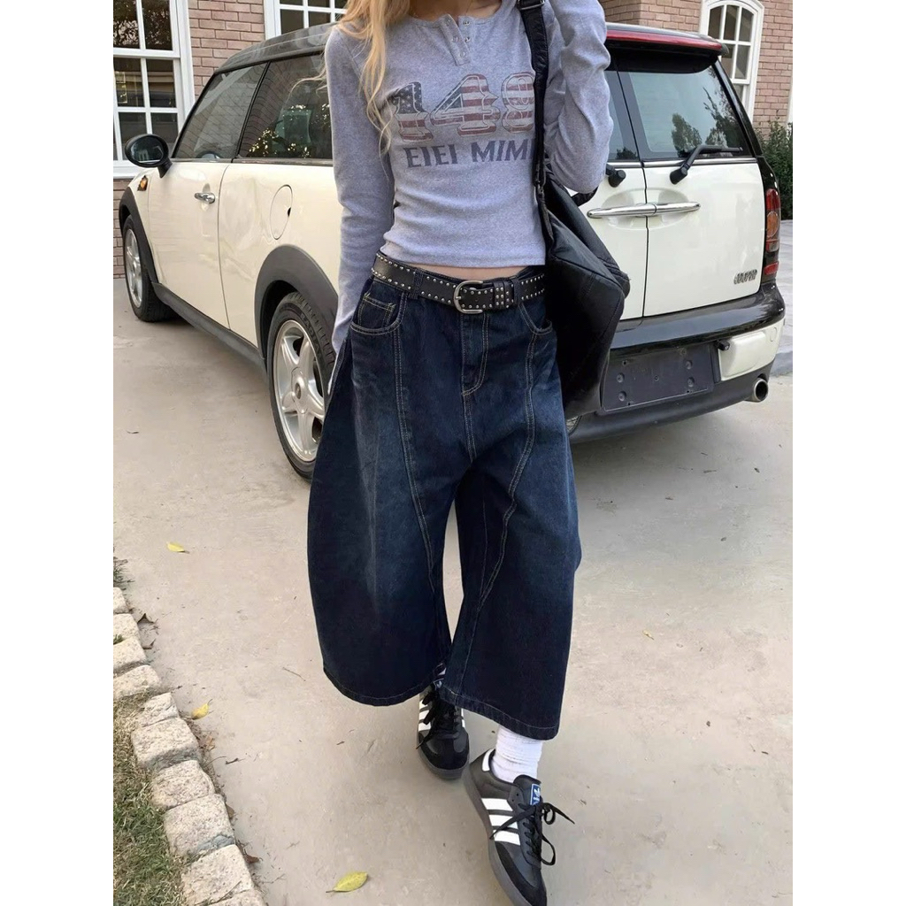 Quần jean short nữ ống rộng capri xanh nhạt ống bí thêu form unisex QJL006 - Tiktik