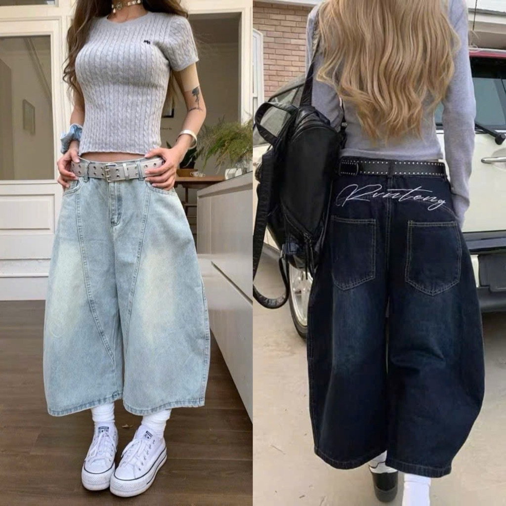 Quần jean short nữ ống rộng capri xanh nhạt ống bí thêu form unisex QJL006 - Tiktik