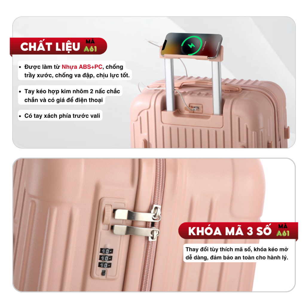 Vali Nhựa Dẻo Khóa Kéo Kingsun A61/219 Size 20/24/28 Chất Liệu Nhựa ABS+PC  siêu đẹp thời trang