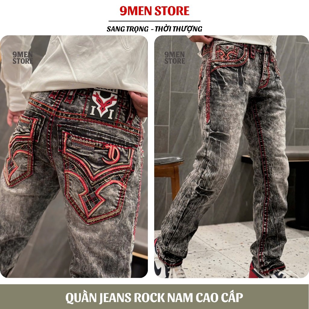Quần Jeans Xám Rock Dài Nam Thêu Chỉ Đỏ - Vải Jenas Denim Cao Cấp Co Giãn Nhẹ Form Slim Suông D03
