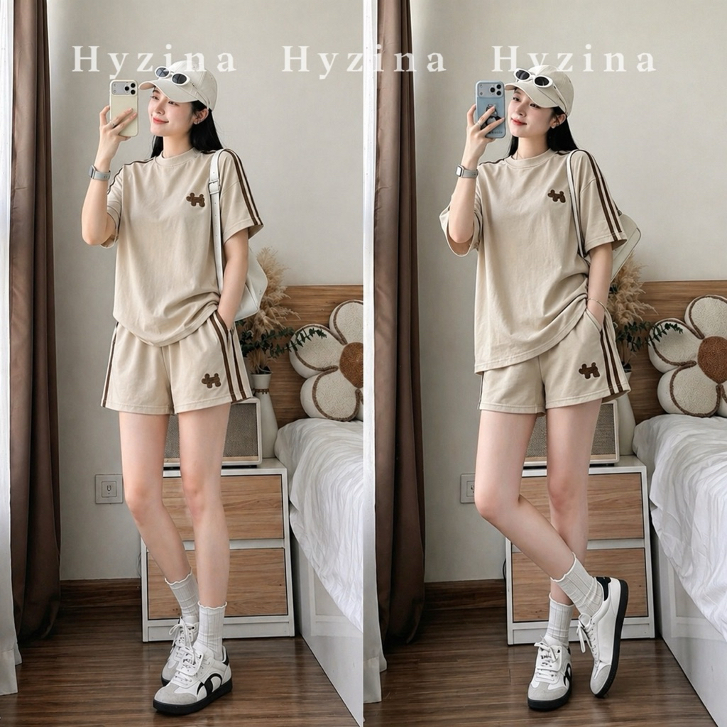 Set Bộ Quần Áo Nữ Hyzina, Họa Tiết Thêu Hình Con Cún, Chất Liệu Cotton 4C Lạnh, Chất Mát