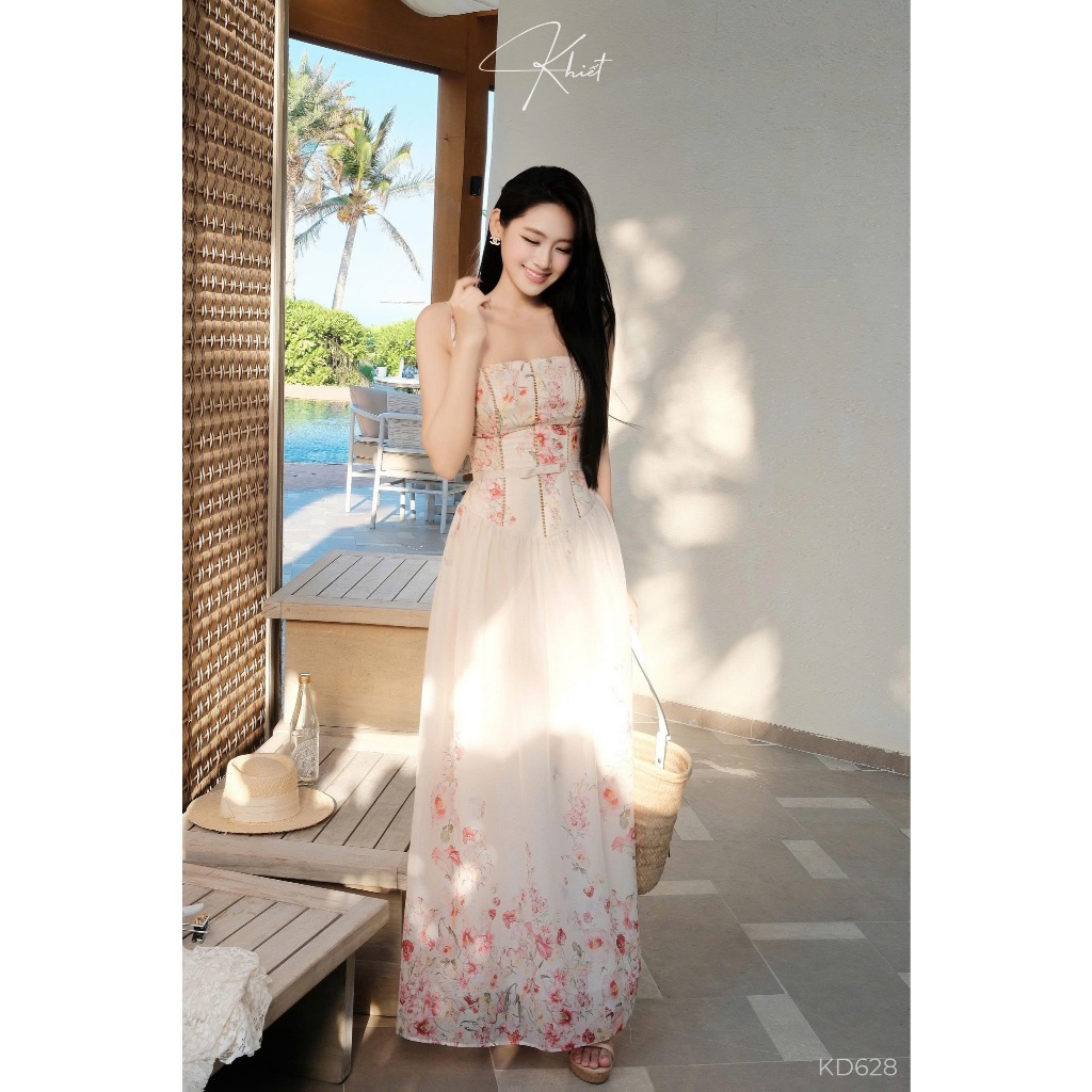 Đầm maxi tơ hồng ngọc hoa nhí corset 2 dây bay bổng Khiết KD628