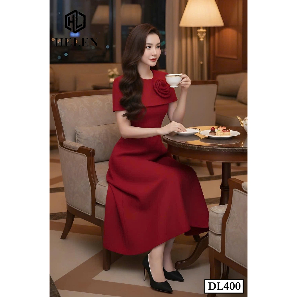 Đầm công sở HELEN thiết kế dáng xòe đỏ cổ chùm vai DL400