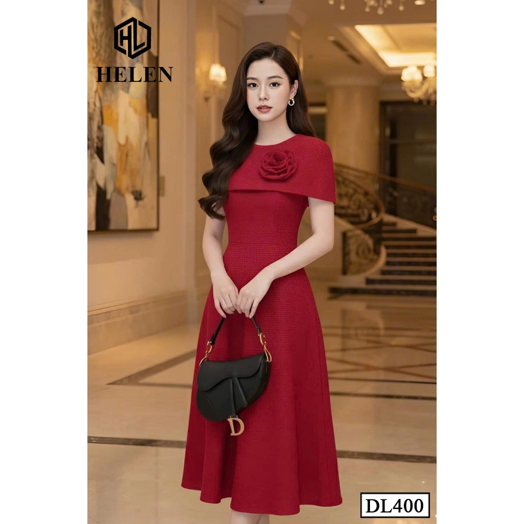 Đầm công sở HELEN thiết kế dáng xòe đỏ cổ chùm vai DL400