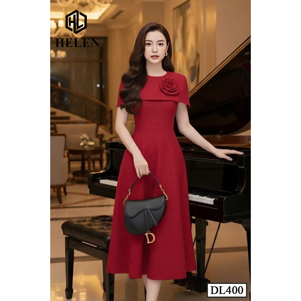 Đầm công sở HELEN thiết kế dáng xòe đỏ cổ chùm vai DL400