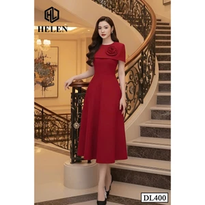 Đầm công sở HELEN thiết kế dáng xòe đỏ cổ chùm vai DL400
