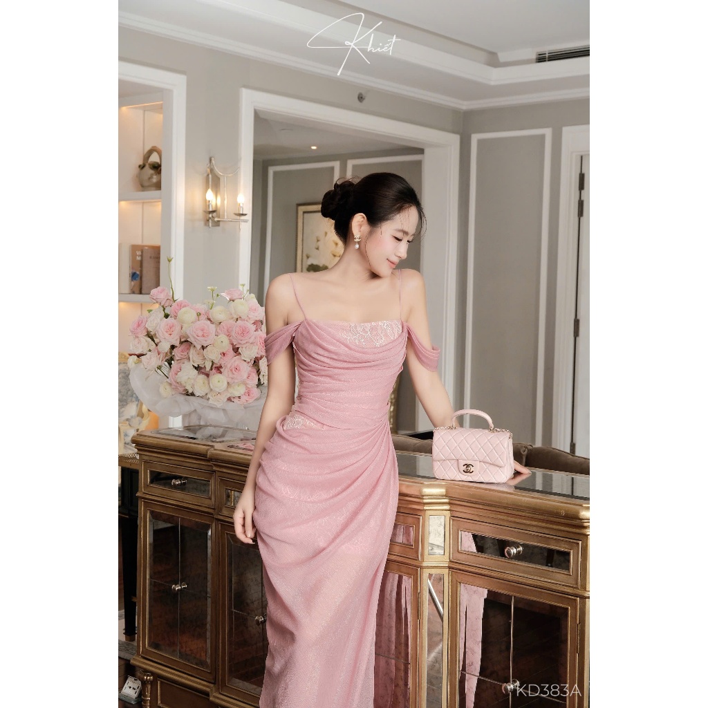 Đầm tiệc KHIẾT ren kim sa đính đá phủ lớp tơ châu sa rũ mềm quý phái KD383 KD383A