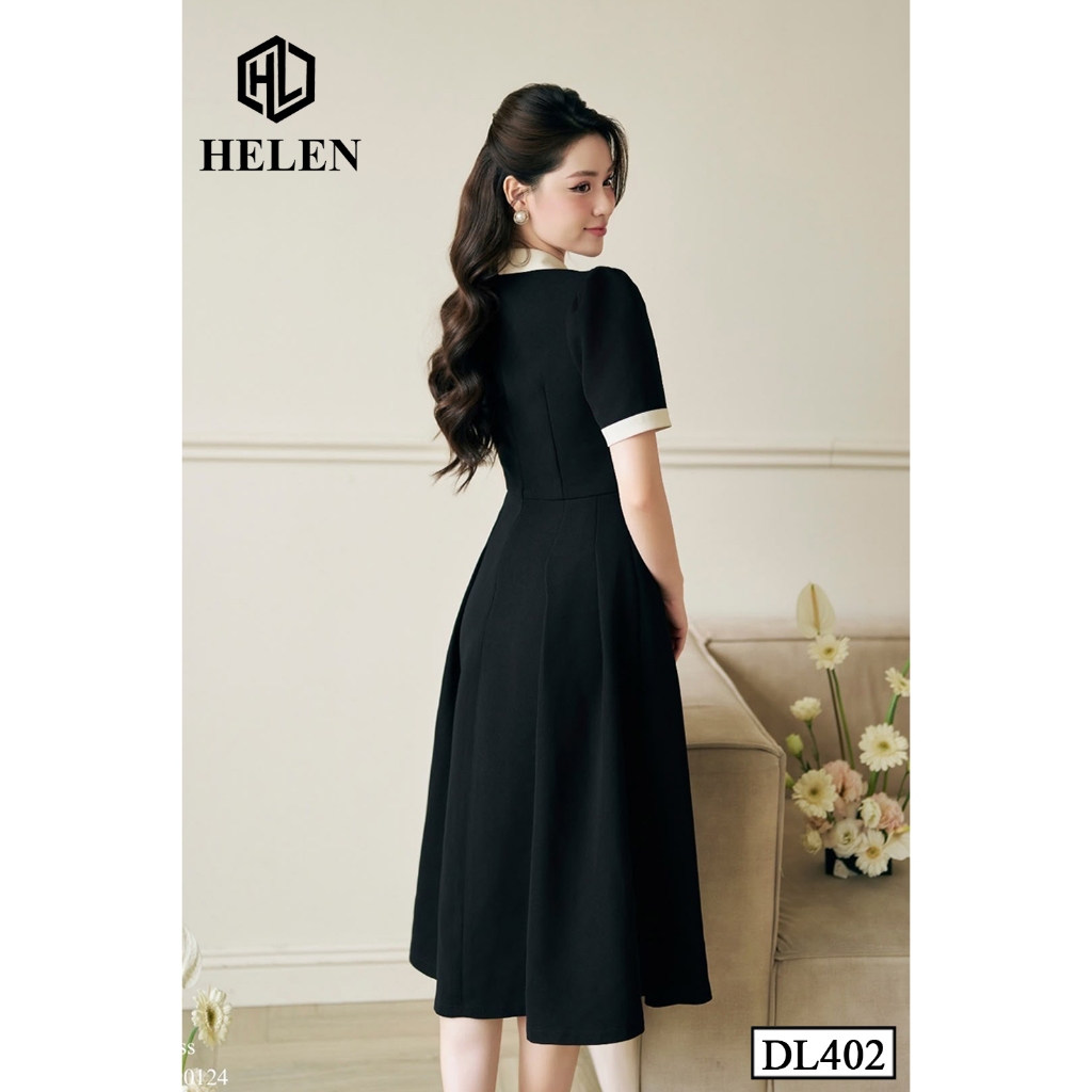 Đầm công sở HELEN thiết kế dáng xòe đen phối be cổ cách điệu DL402