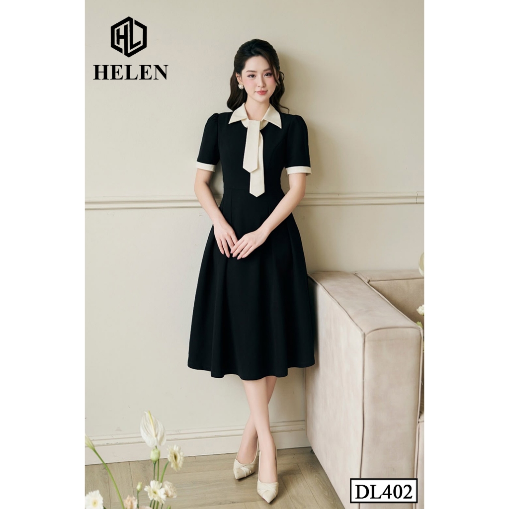 Đầm công sở HELEN thiết kế dáng xòe đen phối be cổ cách điệu DL402
