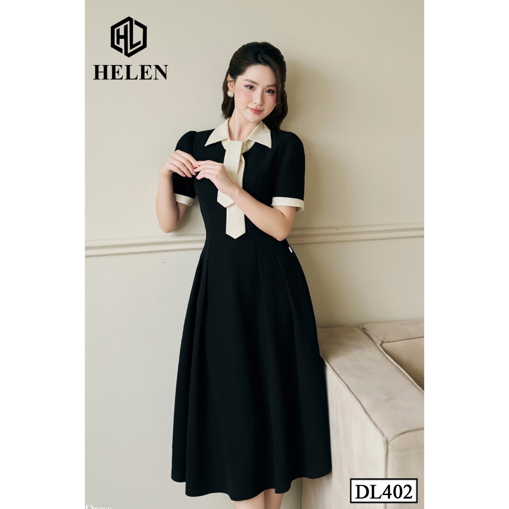 Đầm công sở HELEN thiết kế dáng xòe đen phối be cổ cách điệu DL402