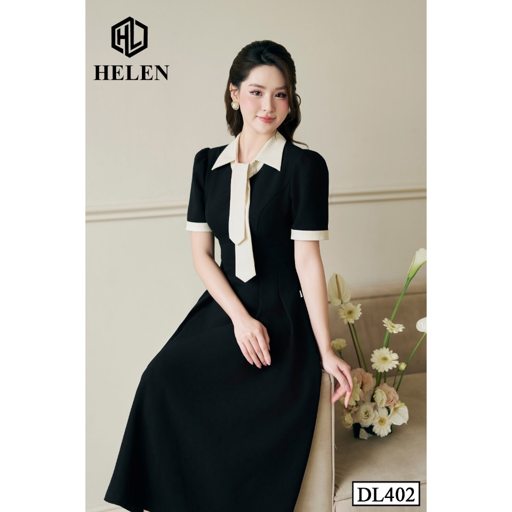 Đầm công sở HELEN thiết kế dáng xòe đen phối be cổ cách điệu DL402