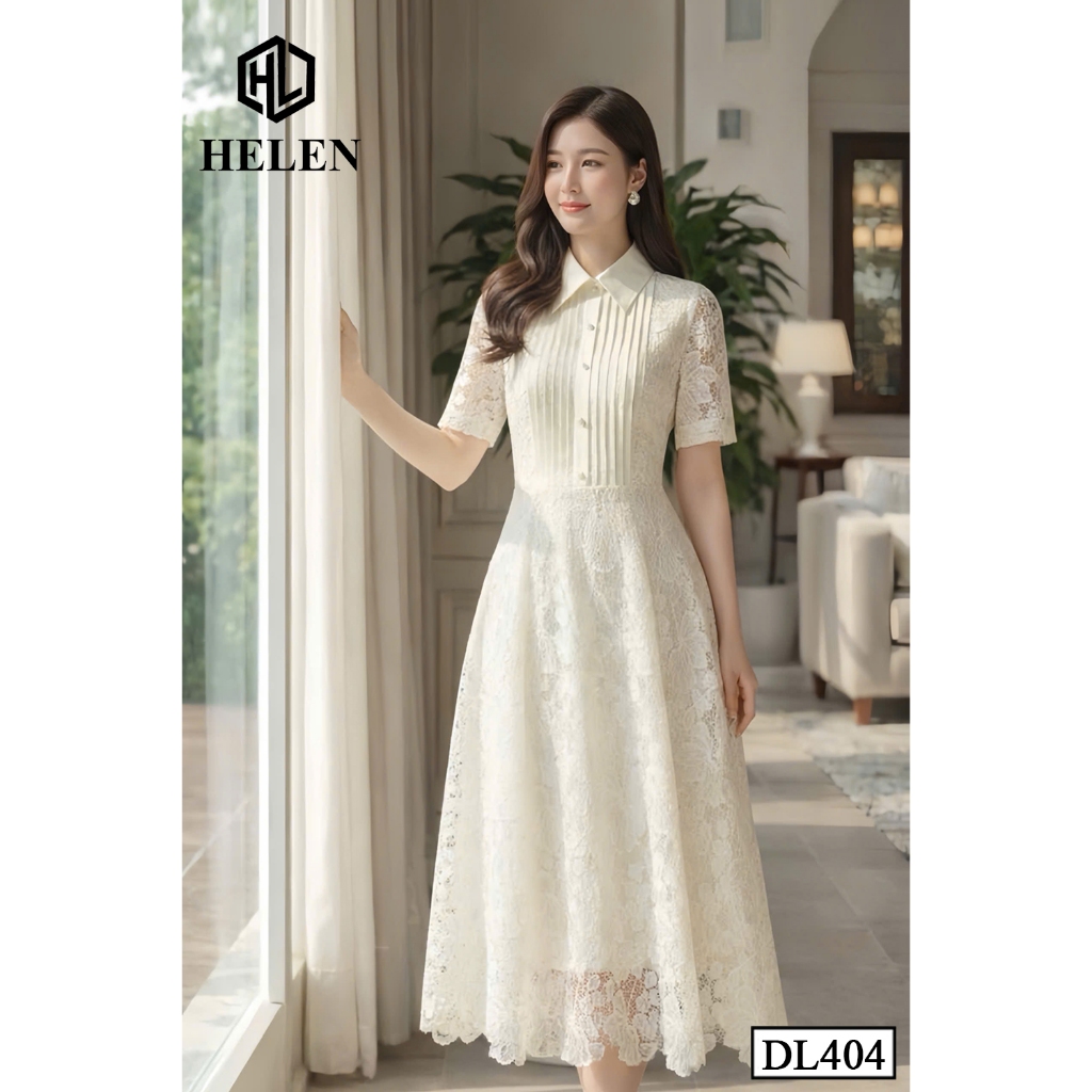 Đầm công sở HELEN thiết kế dáng xòe Ren Be cổ đức xếp ngực DL404