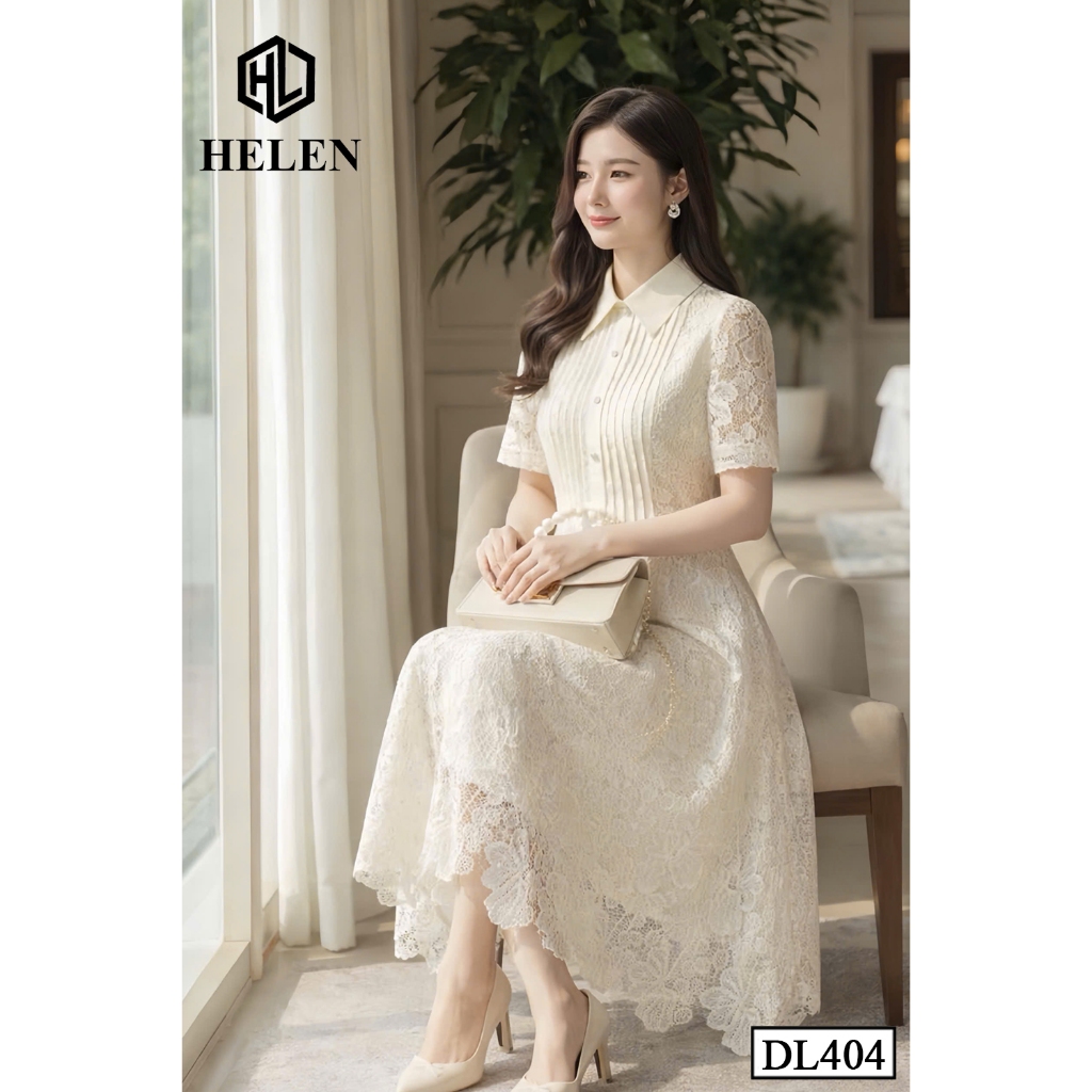 Đầm công sở HELEN thiết kế dáng xòe Ren Be cổ đức xếp ngực DL404