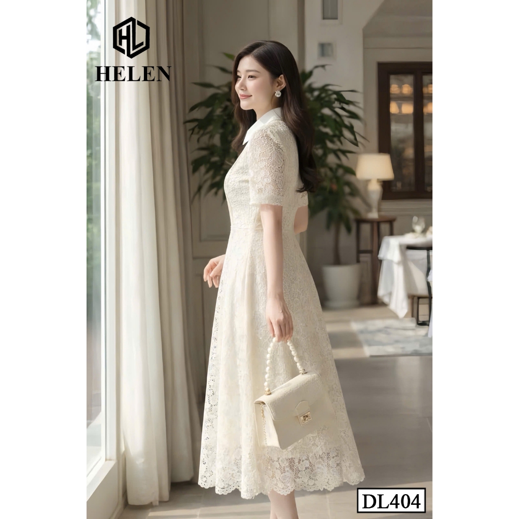 Đầm công sở HELEN thiết kế dáng xòe Ren Be cổ đức xếp ngực DL404