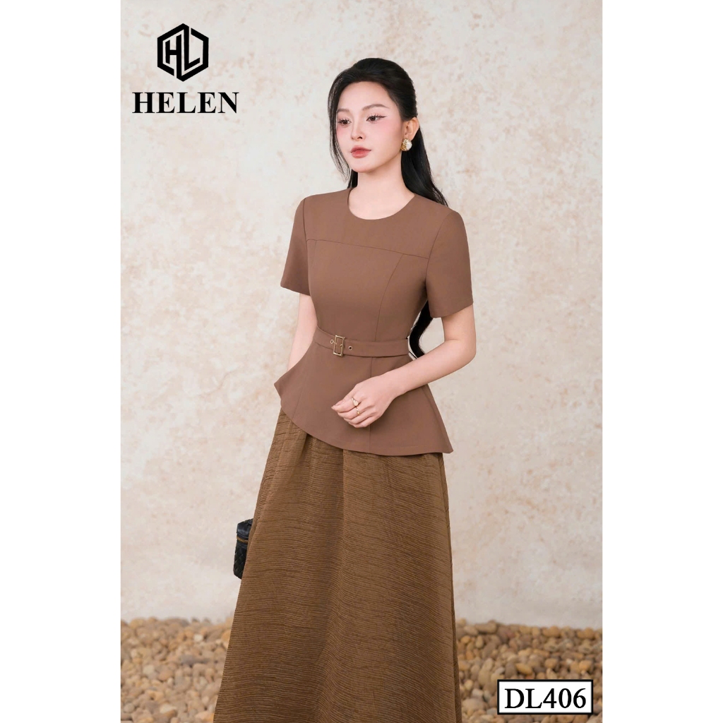 Đầm liền thân công sở HELEN thiết kế dáng xòe peplum nâu cổ tròn + kèm đai DL406
