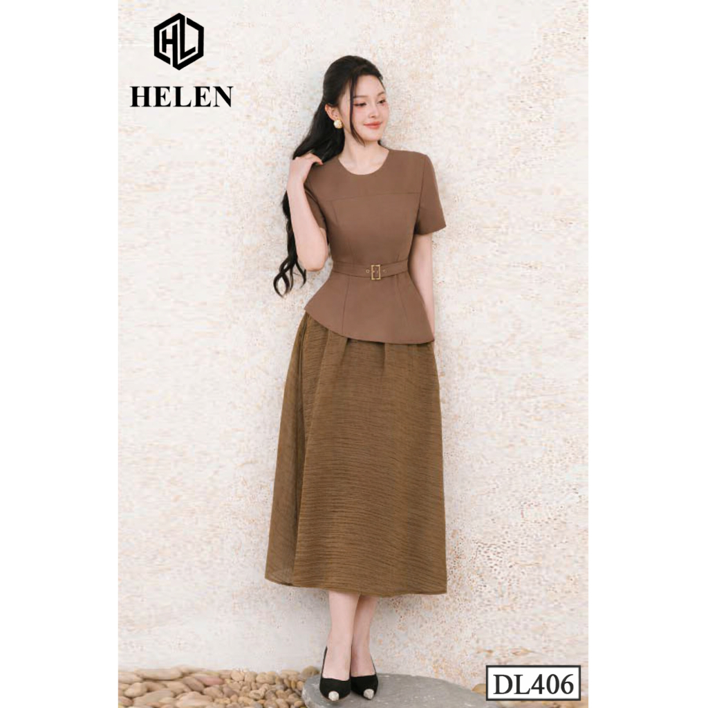 Đầm liền thân công sở HELEN thiết kế dáng xòe peplum nâu cổ tròn + kèm đai DL406