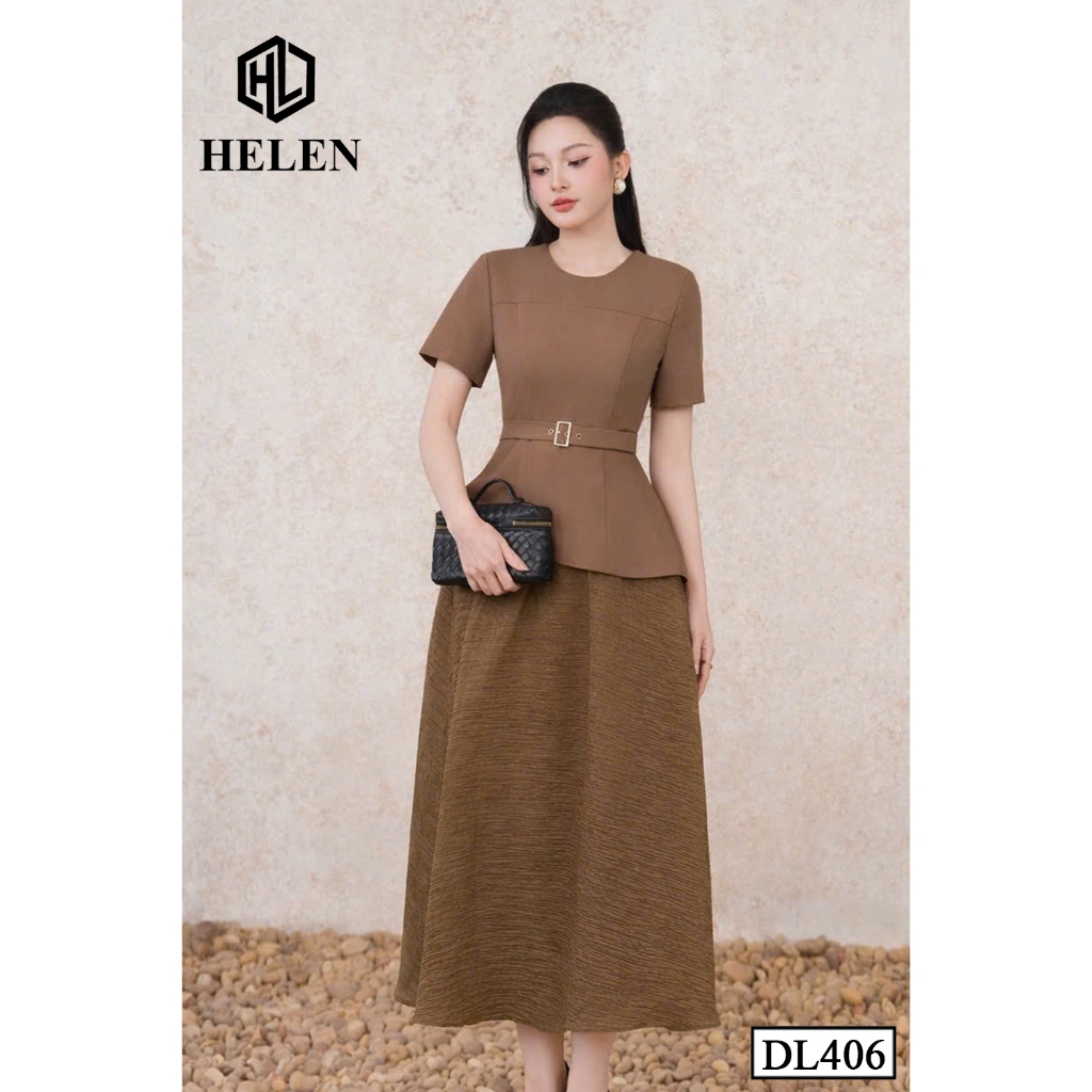 Đầm liền thân công sở HELEN thiết kế dáng xòe peplum nâu cổ tròn + kèm đai DL406